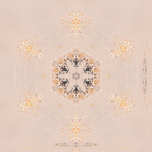 A complex radial kaleidoscope pattern featuring blue and white geometric shards and fractal lines in a symmetrical star-like arrangement.