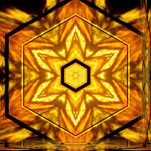 A vibrant, geometric kaleidoscope pattern made of stained glass shards, with dark "lead" lines forming intricate symmetrical shapes on a wall.