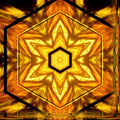 A vibrant, geometric kaleidoscope pattern made of stained glass shards, with dark "lead" lines forming intricate symmetrical shapes on a wall.