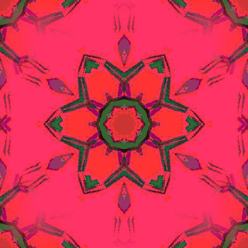 A mesmerizing 3D abstract render featuring geometric shapes and vibrant colors, arranged in a symmetrical kaleidoscope pattern on wallpaper.
