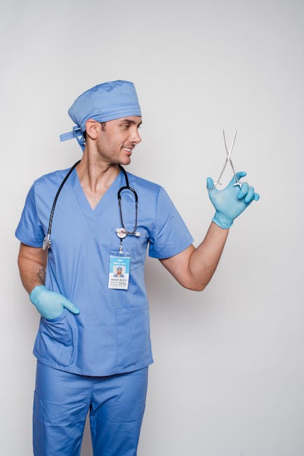Seamless mirror wallpaper pattern — Medicine by wallpaper⁶ — base photo: Cheerful medical worker in blue uniform and sterile gloves with stethoscope on neck standing with ha