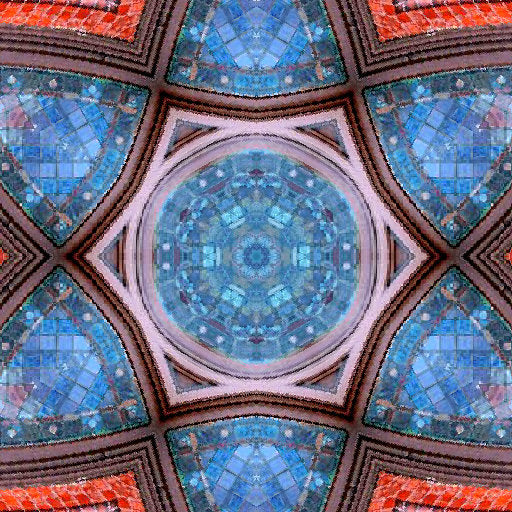 A geometric pattern resembling a kaleidoscope made from the details of leaded stained glass.