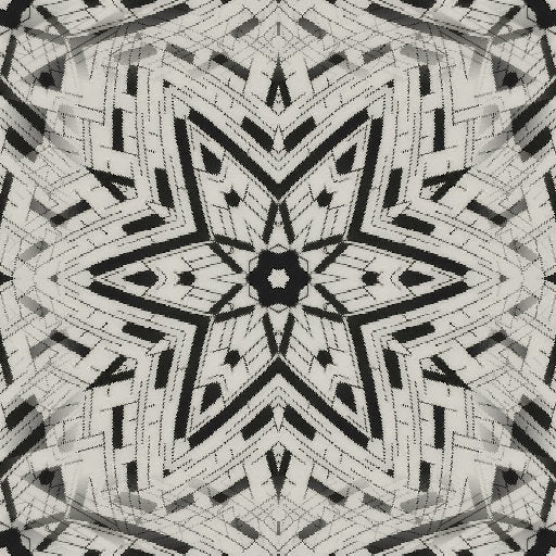 A monochromatic Op-Art pattern with complex Kaleidoscope symmetry forming a star-like crystalline structure with sharp black and white lines.
