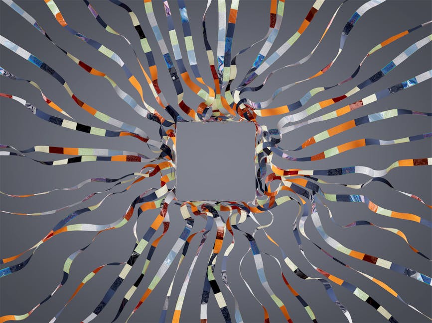 3D Kaleidoscope wallpaper pattern — base photo: Vivid 3D rendering of dynamic colorful ribbons forming a square in abstract digital art.