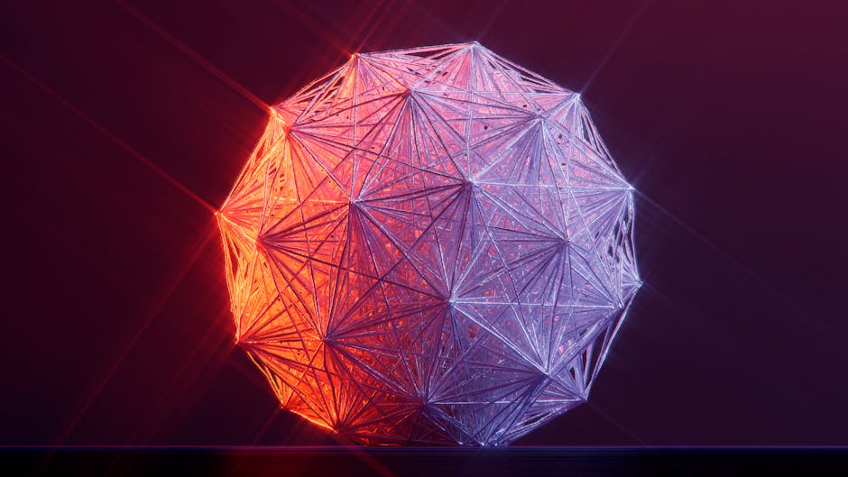 Topology Hexagon wallpaper pattern — base photo: A captivating abstract 3D geometric shape illuminated in red and purple hues against a dark backgrou