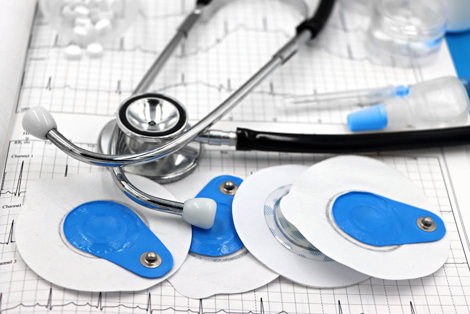 Seamless hex wallpaper pattern — Medicine by wallpaper⁶ — base photo: Close-up of medical tools including electrodes and stethoscope on ECG printout.