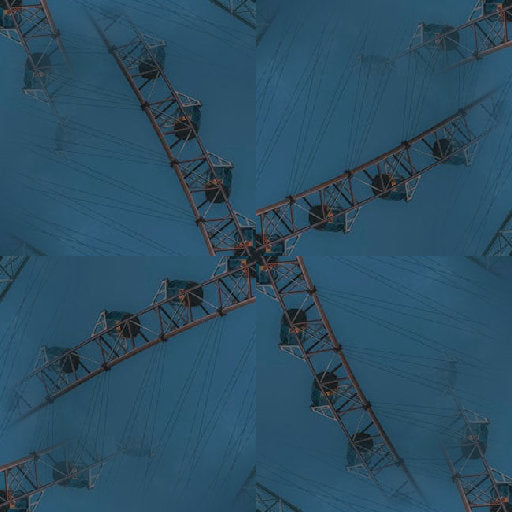 A seamless repeat pattern of rotating white cryptographic symbols on a dark background in a four-fold rotation symmetry.