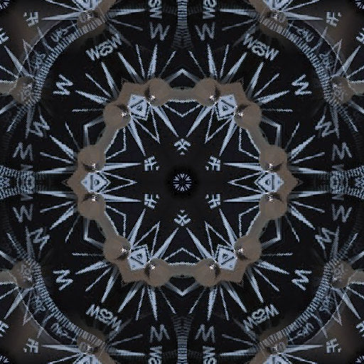 A sophisticated kaleidoscope pattern made from vintage map segments with sepia tones and intricate ink lines.