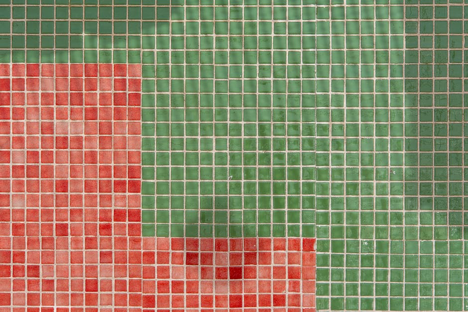 Seamless kaleidoscope wallpaper pattern — Glitch by wallpaper⁶ — base photo: Vibrant mosaic pattern with red and green tiles, perfect for artistic backgrounds.