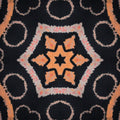 Abstract geometric pattern of interlocking Borromean Rings in orange and yellow on a black background, using a kaleidoscope symmetry effect.