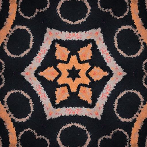 Abstract geometric pattern of interlocking Borromean Rings in orange and yellow on a black background, using a kaleidoscope symmetry effect.