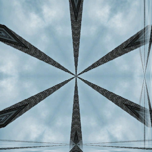 A radial kaleidoscope pattern of white steeples and golden crosses forming a blue stained glass geometric design.