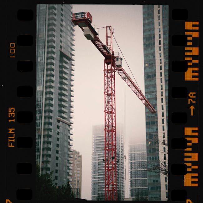 Seamless mirror wallpaper pattern — Origami by wallpaper⁶ — base photo: High rise buildings and a tower crane in a foggy cityscape.
