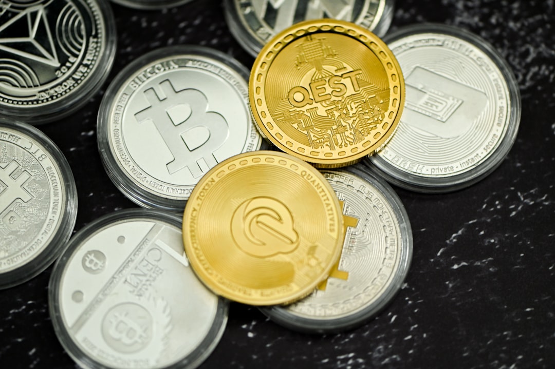 Vertical strip pattern inspired by QEST crypto coins and blockchain hashes, on a marble background. — base photo: A close-up of two QEST coins and other cryptocurrency tokens artfully arranged on a smooth, cool mar