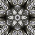 A seamless 3D isometric pattern with kaleidoscope symmetry, featuring metallic geometric shapes on a black background.