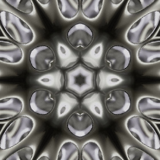 A seamless 3D isometric pattern with kaleidoscope symmetry, featuring metallic geometric shapes on a black background.