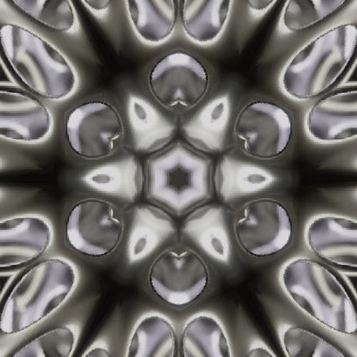A seamless 3D isometric pattern with kaleidoscope symmetry, featuring metallic geometric shapes on a black background.