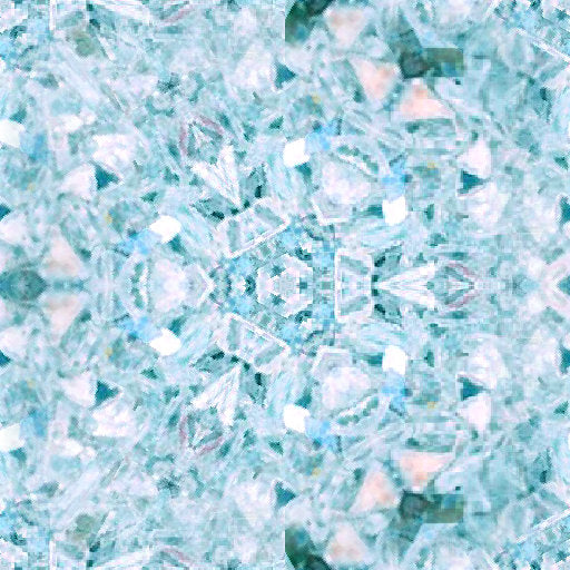 Close-up of shattered turquoise opalescent glass pieces arranged in a repeating hex symmetrical pattern on wallpaper.
