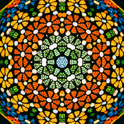 A vibrant stained glass pattern featuring radial Kaleidoscope symmetry with shards of blue, red, and orange glass.