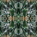 Exotic Flora botanical wallpaper pattern featuring a mirror symmetry of vibrant tropical plants in a sunlit greenhouse.