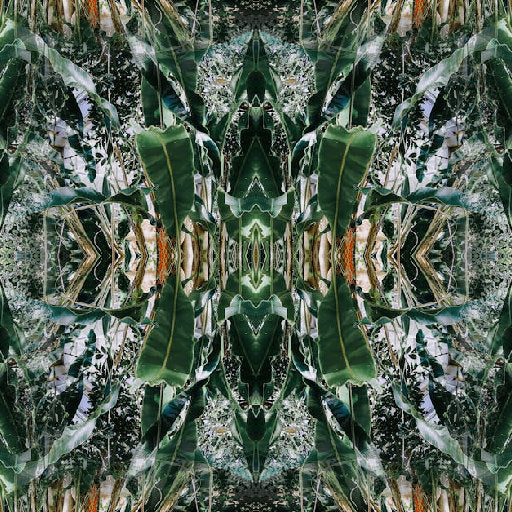 Exotic Flora botanical wallpaper pattern featuring a mirror symmetry of vibrant tropical plants in a sunlit greenhouse.