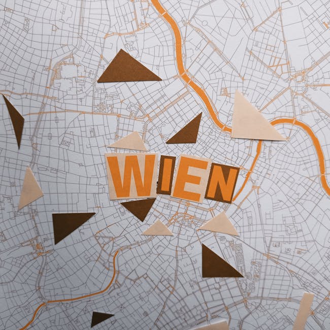A seamless topological wallpaper pattern in Hex symmetry featuring stylized city map elements and typography in black and white. — base photo: A creative architectural interpretation of a Vienna city map, featuring bold cutout letters and laye