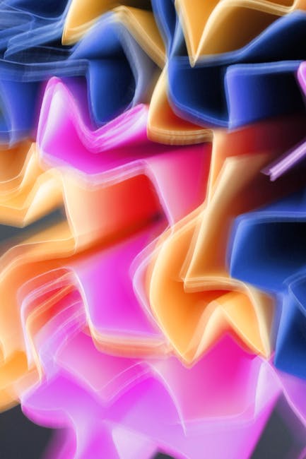 Seamless mirror wallpaper pattern — Origami by wallpaper⁶ — base photo: Dynamic abstract image showcasing vibrant light patterns in pink, blue, and orange hues.