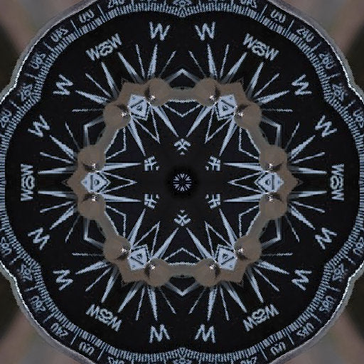 A radial, kaleidoscopic pattern formed from vintage maps with sepia tones and intricate navigational lines in a six-fold symmetry.