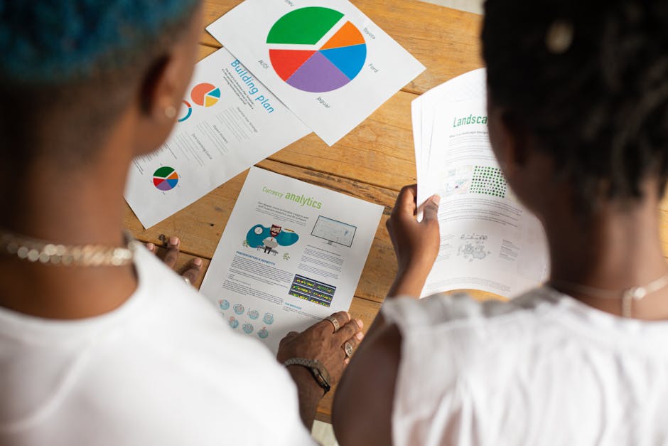 Statistics Brick wallpaper pattern — base photo: From above of crop anonymous African American people standing around table and discussing project wo