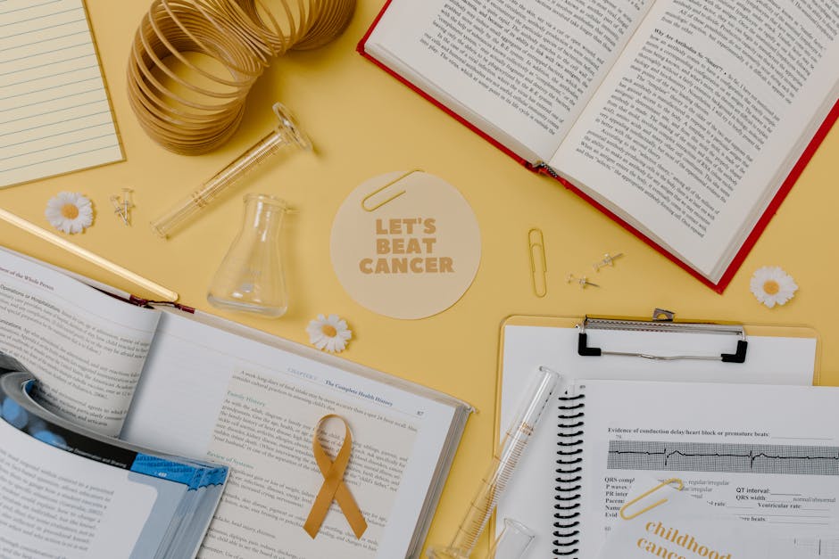 Seamless hex wallpaper pattern — Biochemistry by wallpaper⁶ — base photo: Flat lay of a research desk with open books, lab equipment, and a 'Let's Beat Cancer' card promoting