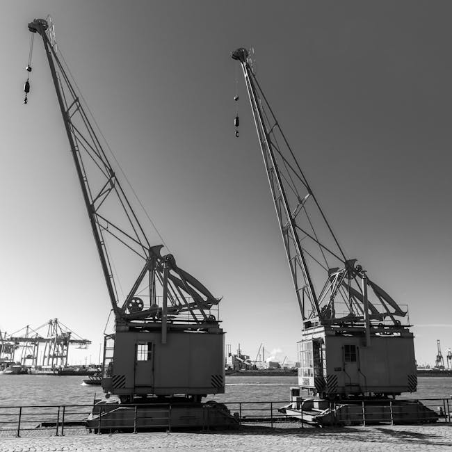 Seamless mirror wallpaper pattern — Origami by wallpaper⁶ — base photo: Black and white photo of industrial cranes at Hamburg Harbour, Germany.