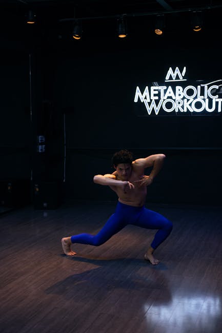 Seamless hex wallpaper pattern — Biochemistry by wallpaper⁶ — base photo: A man dynamically dancing shirtless in a neon-lit gym studio, showcasing muscular moves.