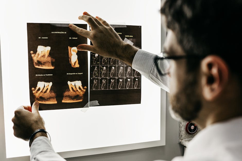 Seamless mirror wallpaper pattern — Medicine by wallpaper⁶ — base photo: Dentist analyzing dental x-rays to assess patient teeth health in a clinical setting.