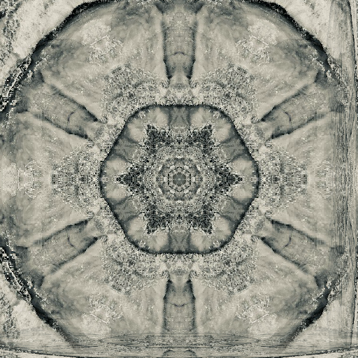 A seamless monochrome wallpaper pattern featuring kaleidoscopic reflections of a rocky mountain side with sharp contrast.