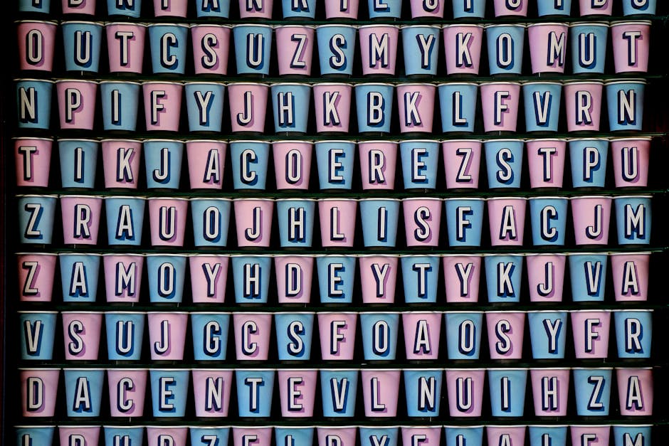Cryptography Hexagon wallpaper pattern — base photo: Rows of pink and blue cups featuring letters of the alphabet, creating a vibrant visual pattern.