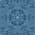 A seamless kaleidoscope pattern of blue and white stained glass shards arranged in complex radial symmetry.