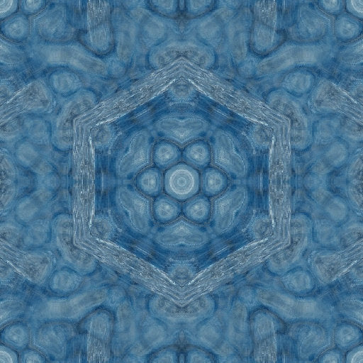 A seamless kaleidoscope pattern of blue and white stained glass shards arranged in complex radial symmetry.