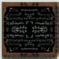 A seamless mirror symmetry pattern of vintage handwritten chemical equations and scientific text on a dark chalkboard background.