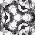 Hexagonal arrangement of abstract chemical molecular structures on self-adhesive wallpaper.