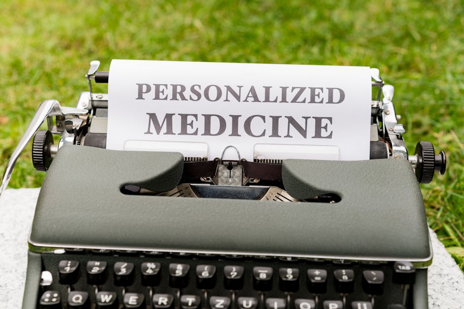 Seamless kaleidoscope wallpaper pattern — Biochemistry by wallpaper⁶ — base photo: A vintage typewriter outdoors displaying a paper with the text 'Personalized Medicine'.