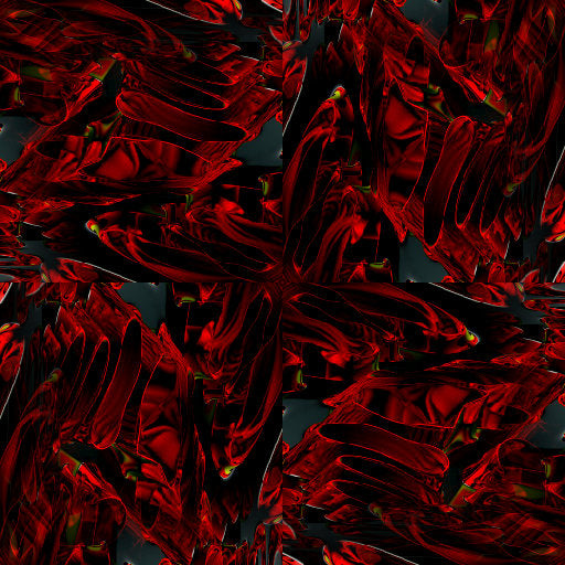 Close-up of a 3D abstract geometric pattern with rotating red and green elements, created with isometric rendering and rotation symmetry.