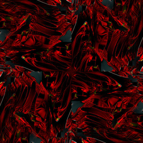 Close-up of a 3D abstract geometric pattern with rotating red and green elements, created with isometric rendering and rotation symmetry.