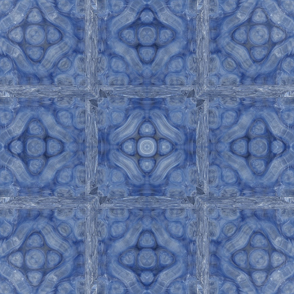 A seamless kaleidoscope pattern of blue and white stained glass shards arranged in complex radial symmetry. — base photo: An intricate circular stained glass window in varying shades of blue and white, featuring radial sym