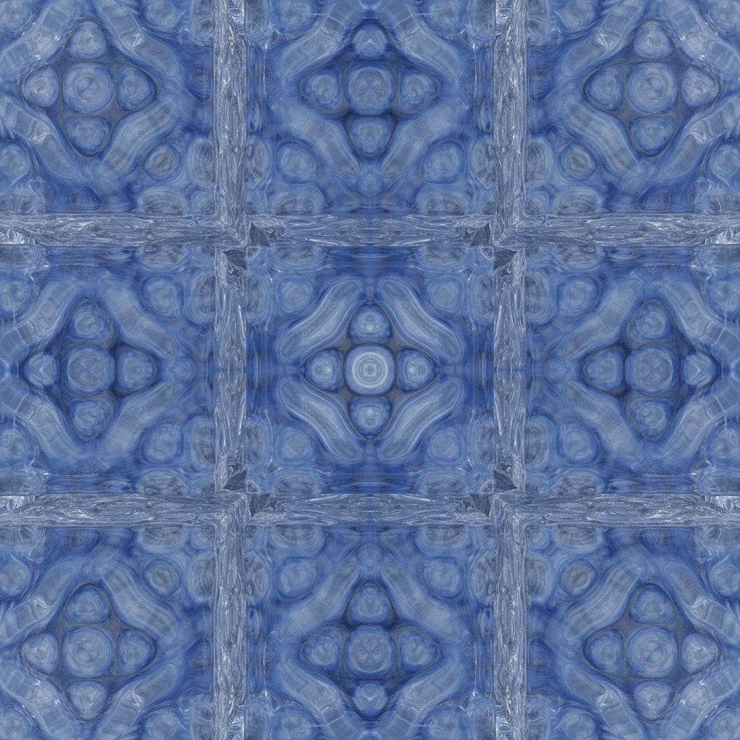A seamless kaleidoscope pattern of blue and white stained glass shards arranged in complex radial symmetry. — base photo: An intricate circular stained glass window in varying shades of blue and white, featuring radial sym
