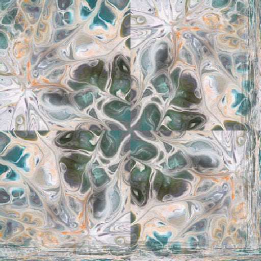 Vibrant abstract acrylic pour fluid art pattern with rotational symmetry, featuring organic swirls and textures in bold colors.