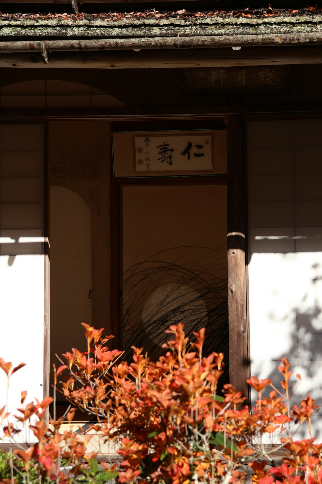 Seamless hex wallpaper pattern — Calligraphy by wallpaper⁶ — base photo: Traditional japanese building entrance with autumn foliage.