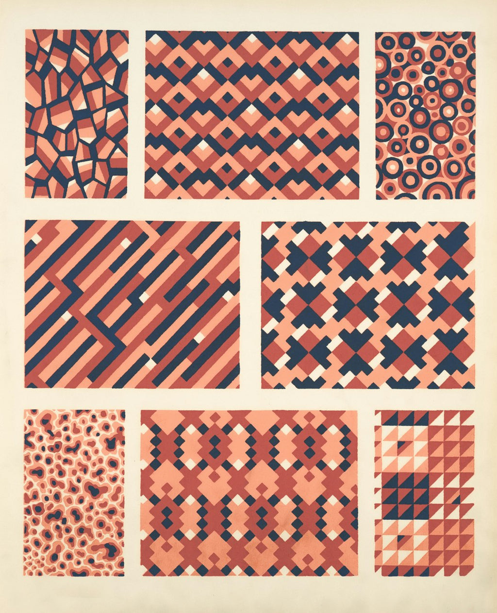 A repeating geometric pattern inspired by data visualization infographics, arranged in a diamond symmetry mode on a wallpaper. — base photo: A section of the 'Eight geometric compositions' archival print from The New York Public Library's co