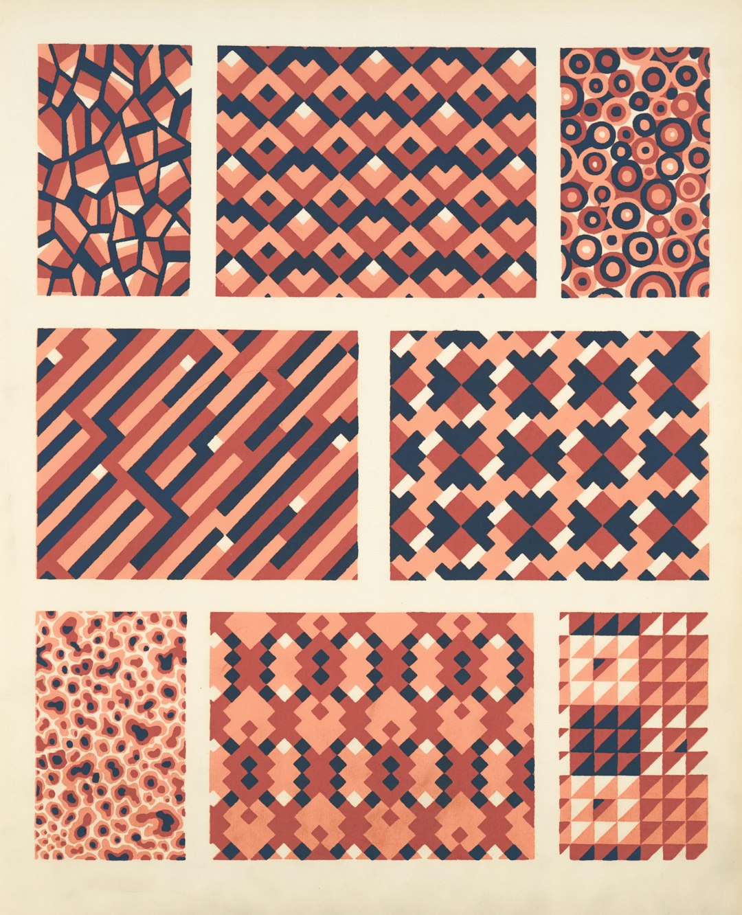 A repeating geometric pattern inspired by data visualization infographics, arranged in a diamond symmetry mode on a wallpaper. — base photo: A section of the 'Eight geometric compositions' archival print from The New York Public Library's co