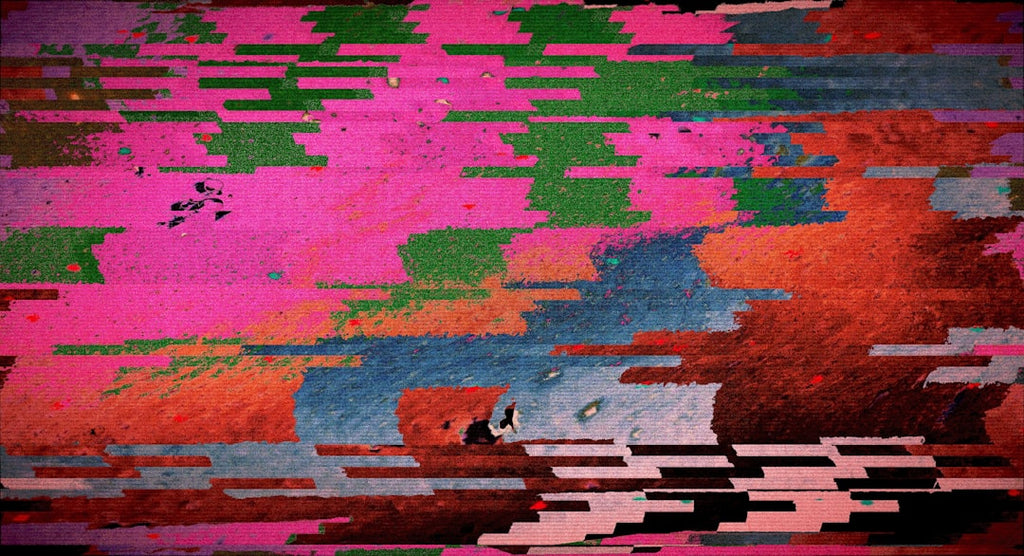 Seamless kaleidoscope wallpaper pattern — Glitch by wallpaper⁶ — base photo: Abstract colorful glitch art with horizontal lines