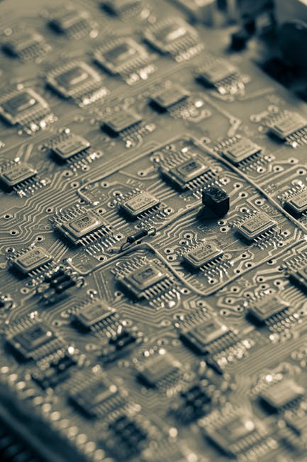 Close-up of a microchip circuit board with intricate electronic patterns, forming a seamless repeat for AI-themed brick wallpaper. — base photo: A hyper-realistic, detailed close-up of a microchip circuit board. Intricate electronic pathways and